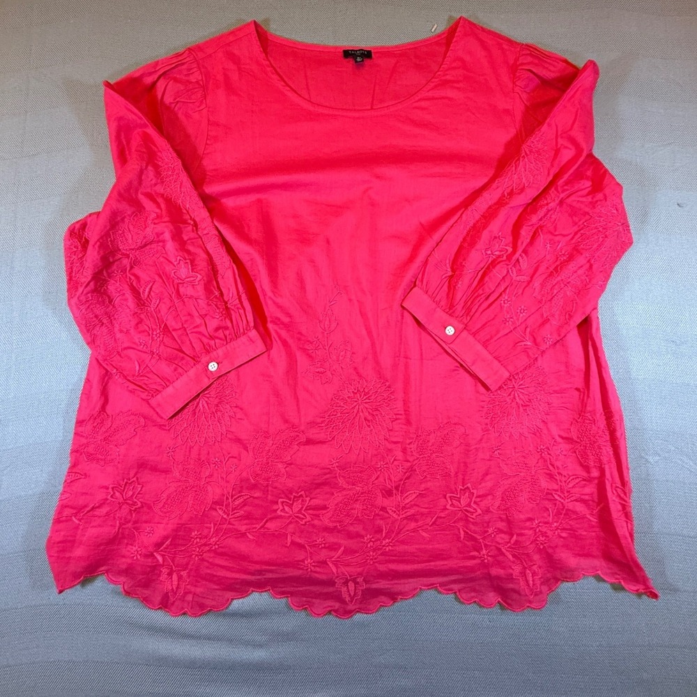Talbots Plus Pink Embroidered Cotton Blouse Scallop Hem 2X IN5250 2447